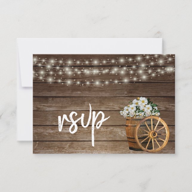 Rustic Wood Barrel and Country White Flowers- RSVP (Front)