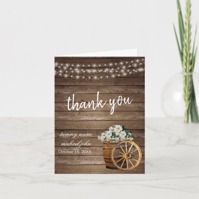 Rustic Wood Barrel and Country White Flowers Thank You Card (Front)