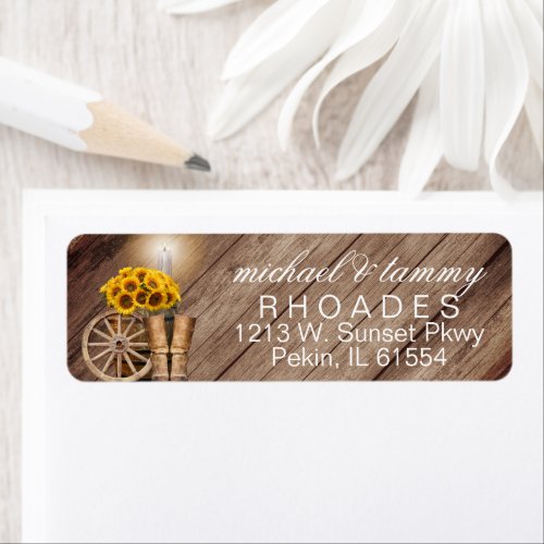 Rustic Wood Barrel and Cowboy Boots  _ Sunflowers Label