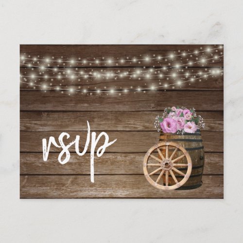 Rustic Wood Barrel and  Pink Floral _ RSVP Invitation Postcard