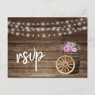 Rustic Wood Barrel and Pink Floral - RSVP Invitation Postcard