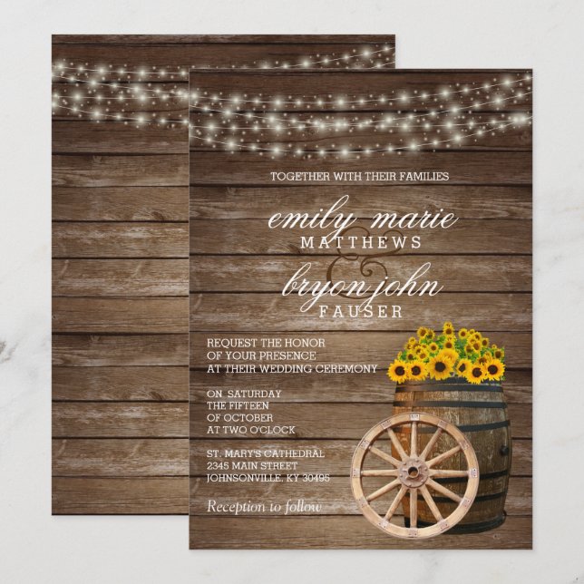 Rustic Wood Barrel and Sunflower Wedding Invitation (Front/Back)