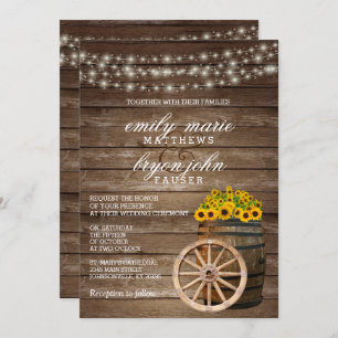 Rustic Wood Barrel and Sunflower Wedding Invitation