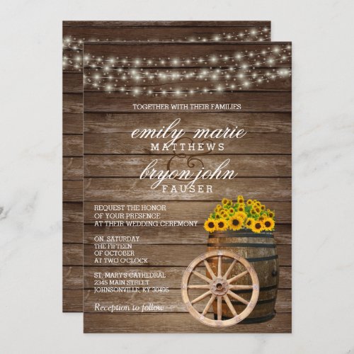 Rustic Wood Barrel and Sunflower Wedding Invitation