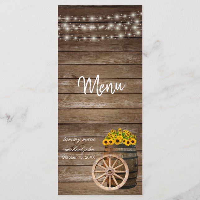 Rustic Wood Barrel and  Sunflower Wedding - Menu (Front)