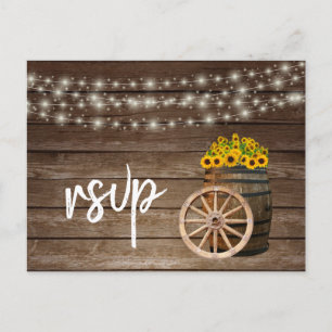 Rustic Wood Barrel and Sunflowers - RSVP Invitation Postcard