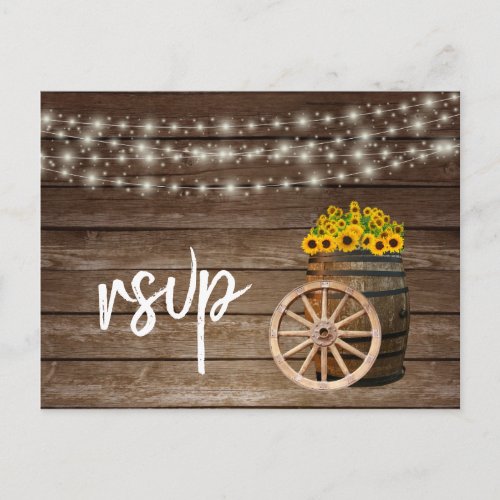 Rustic Wood Barrel and Sunflowers _ RSVP Invitation Postcard