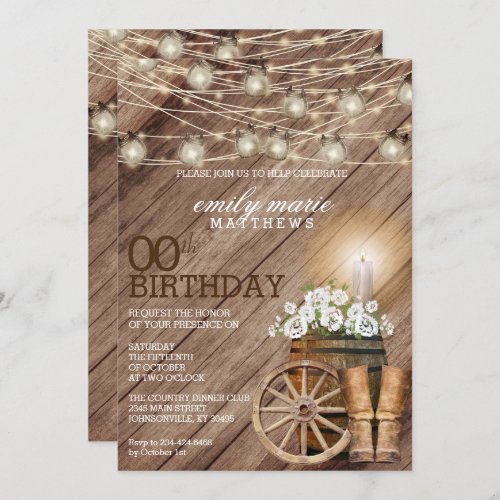 Rustic Wood Barrel and White Floral 00th Birthday Invitation