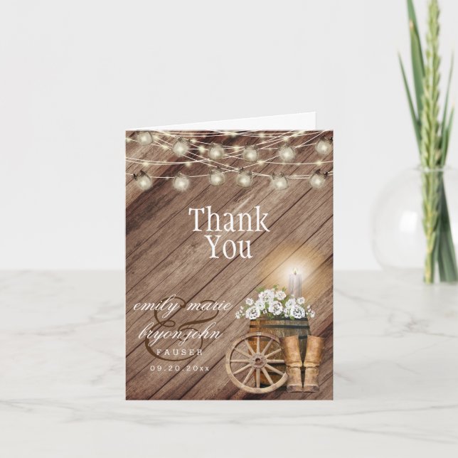 Rustic Wood Barrel and White Floral Thank You Card (Front)