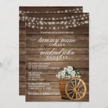 Rustic Wood Barrel And White Flower Invitation by DesignsbyDonnaSiggy at Zazzle