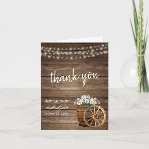 Rustic Wood Barrel and White Flower Thank You Card