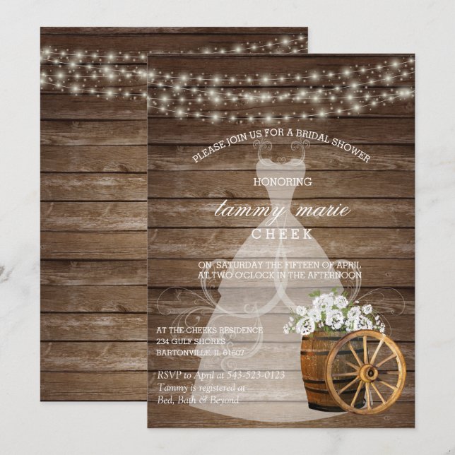 Rustic Wood Barrel Bridal Shower with White Floral Invitation (Front/Back)