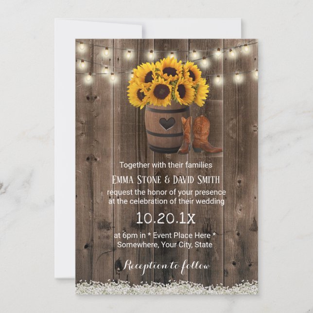 Rustic Wood Barrel Country Sunflower Wedding Invitation (Front)