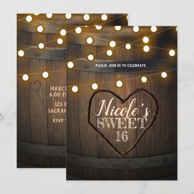 Rustic Wood Barrel Hearts & Lights Birthday Party Invitation (Front/Back)