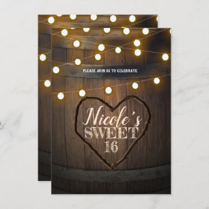 Rustic Wood Barrel Hearts & Lights Birthday Party Invitation