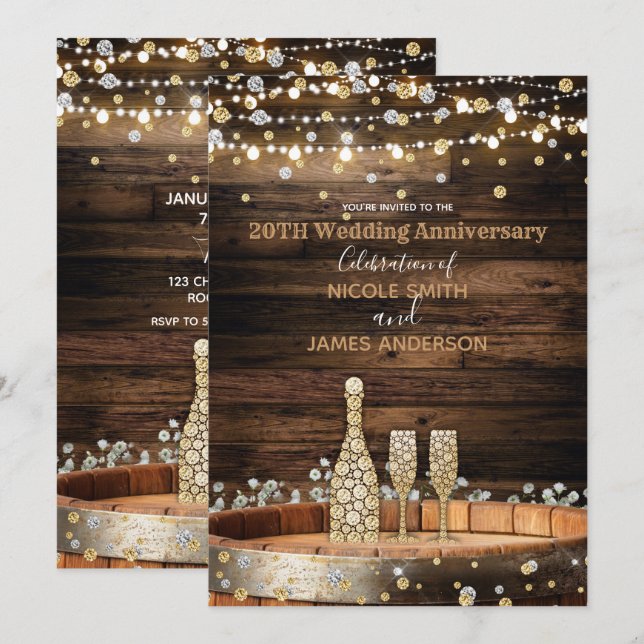 Rustic Wood Barrel & Lights Champagne Anniversary Invitation (Front/Back)