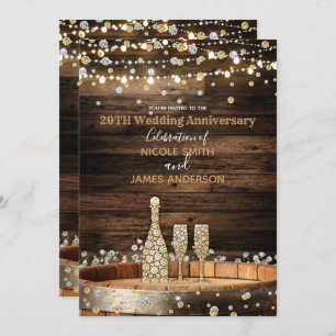 Rustic Wood Barrel & Lights Champagne Anniversary Invitation