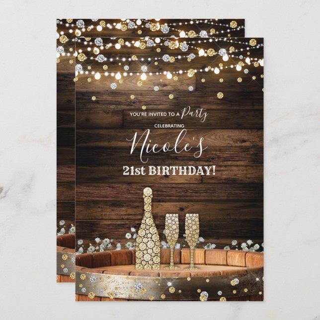Rustic Wood Barrel Lights Champagne Birthday Party Invitation (Front/Back)