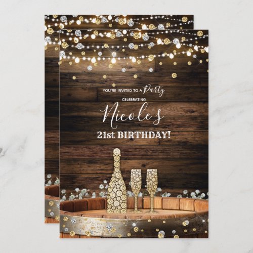 Rustic Wood Barrel Lights Champagne Birthday Party Invitation