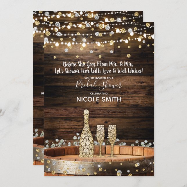 Rustic Wood Barrel Lights Champagne Bridal Shower Invitation (Front/Back)