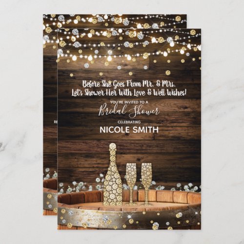 Rustic Wood Barrel Lights Champagne Bridal Shower Invitation
