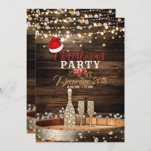 Rustic Wood Barrel Lights Champagne Christmas Invitation
