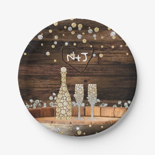 Rustic Wood Barrel Lights Champagne Modern Party Paper Plates