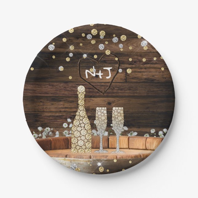 Rustic Wood Barrel Lights Champagne Modern Party Paper Plates (Front)