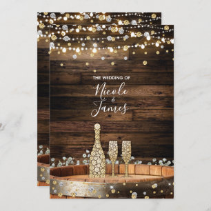 Rustic Wood Barrel Lights Champagne Modern Wedding Invitation