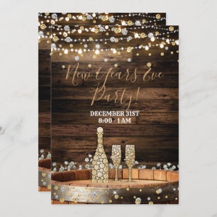Rustic Wood Barrel Lights Champagne New Years Eve Invitation