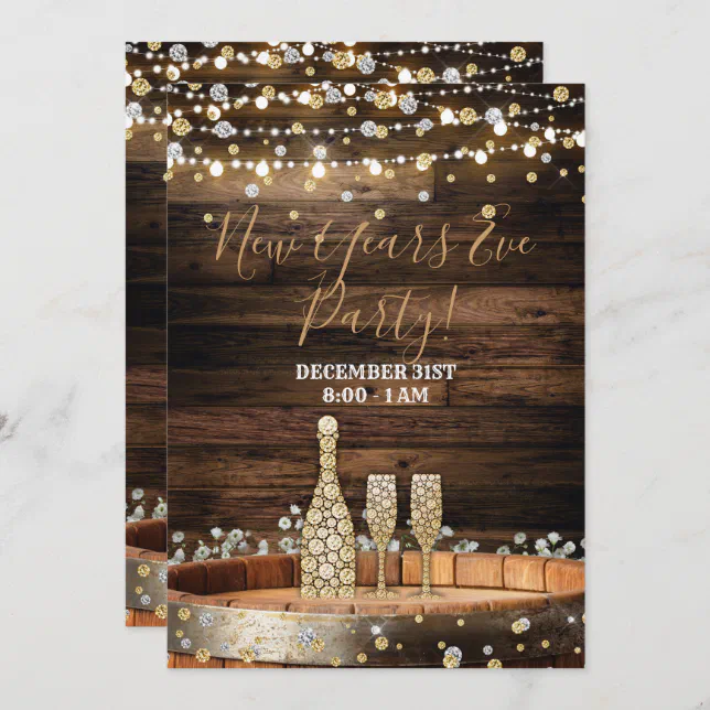 Rustic Wood Barrel Lights Champagne New Years Eve Invitation | Zazzle