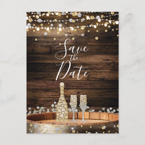 Rustic Wood Barrel Lights Champagne Save the Date Announcement Postcard