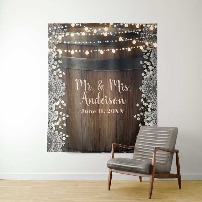 Rustic Wood Barrel Lights Lace & Baby's Breath Tapestry (In Situ)