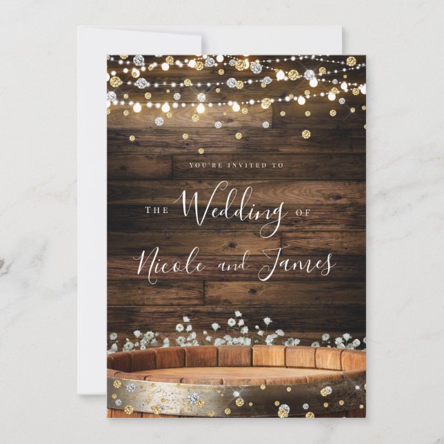 Rustic Wood Barrel & Lights Modern Glam Wedding Invitation (Front)