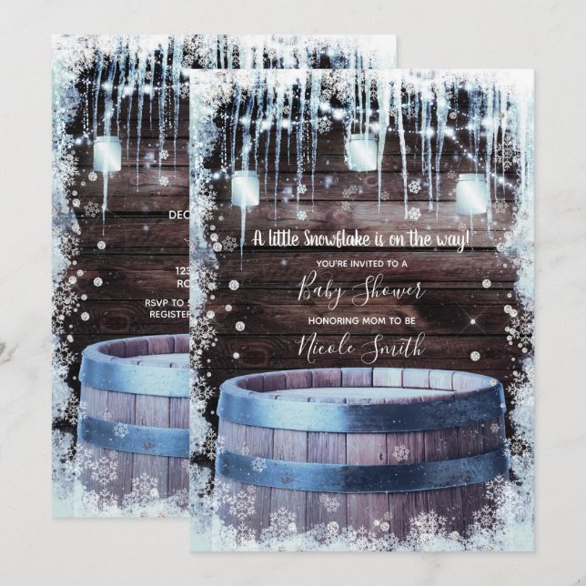 Rustic Wood Barrel & Lights Winter Baby Shower Invitation (Front/Back)
