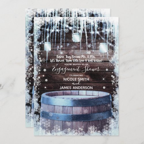 Rustic Wood Barrel  Lights Winter Barn Engagement Invitation