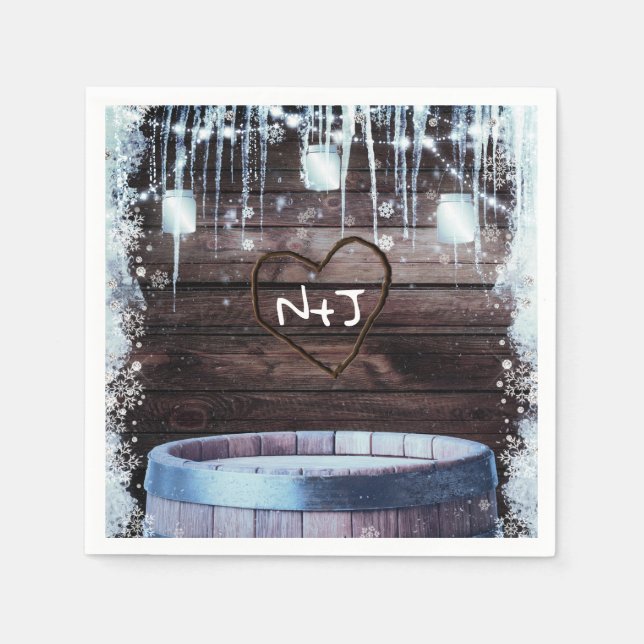 Rustic Wood Barrel & Lights Winter Barn Wedding Napkins (Front)