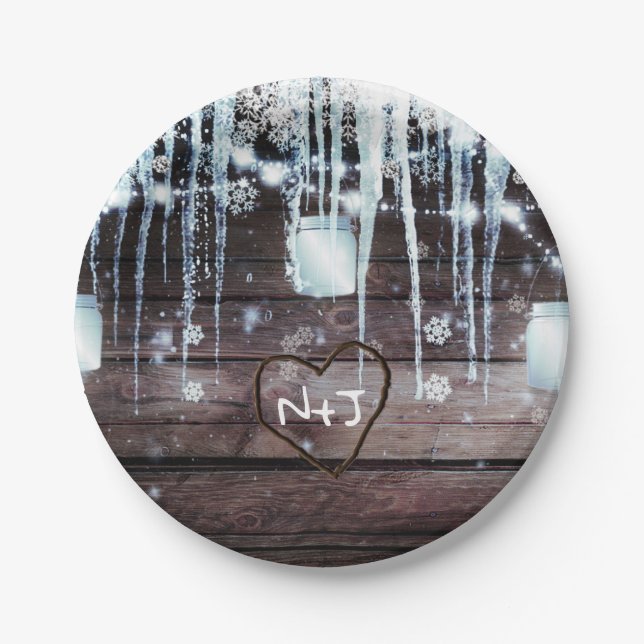 Rustic Wood Barrel & Lights Winter Barn Wedding Paper Plates (Front)