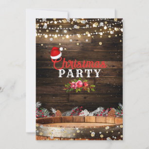 Rustic Wood Barrel Lights Winter Floral Christmas Invitation