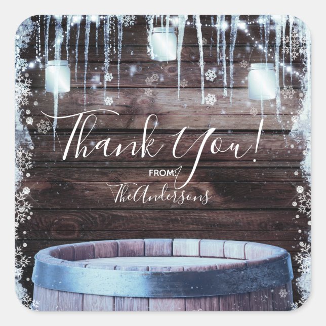 Rustic Wood Barrel & Lights Winter Party Favor Square Sticker (Front)