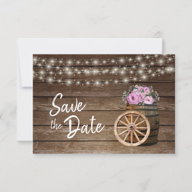 Rustic Wood Barrel & Pink Flowers - Save The Date (Front)