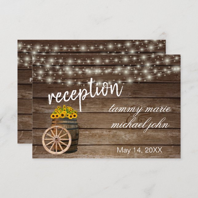 Rustic Wood Barrel Sunflowers - Reception Invitation (Front/Back)