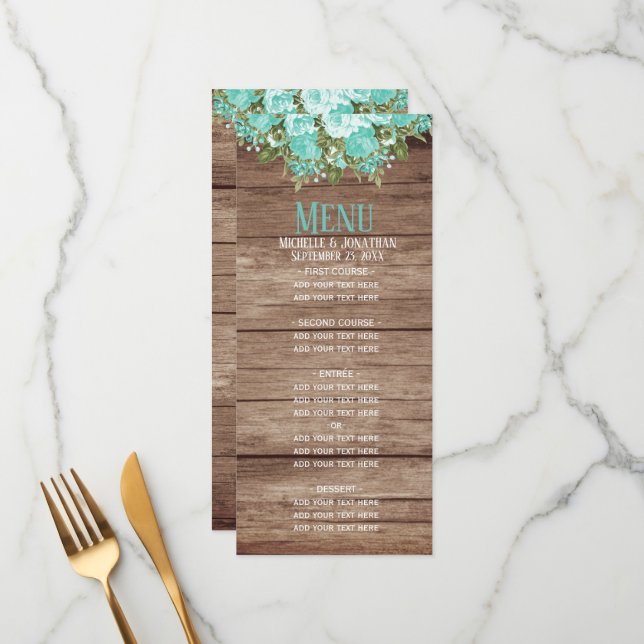 Rustic Wood Barrel - Teal Floral Menu (Front/Back In Situ)
