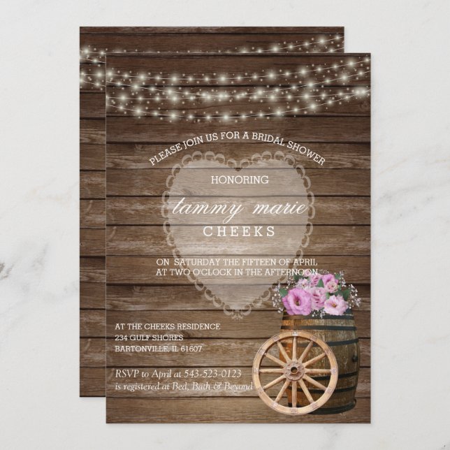 Rustic Wood Barrel Wedding and Pink Flowers Invitation (Front/Back)