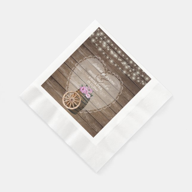 Rustic Wood Barrel Wedding and Pink Flowers Paper Napkins (Corner)