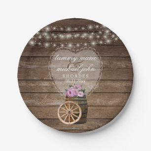 Rustic Wood Barrel Wedding and Pink Flowers Paper Plates