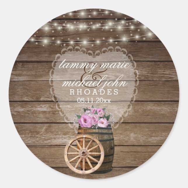 Rustic Wood Barrel Wedding with Pink Flowers Classic Round Sticker (Front)