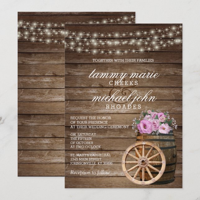 Rustic Wood Barrel Wedding with Pretty Pink Floral Invitation (Front/Back)
