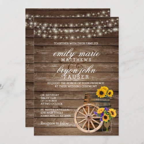 Rustic Wood Barrel Wedding with Sunflowers Invitation