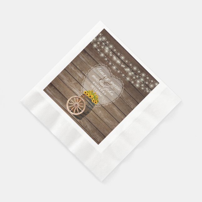 Rustic Wood Barrel Wedding with Sunflowers Paper Napkins (Corner)